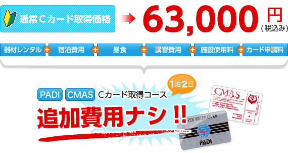 通常Cカード取得価格63000円が、期間限定キャンペーン価格39800円！1泊2日「PADI」「CMAS」Cカード取得コース、追加費用ナシ！